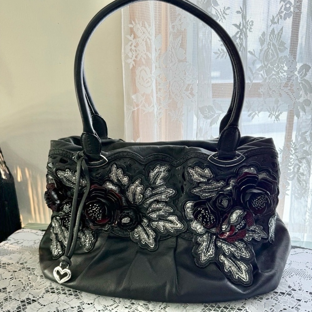 Brighton Crysta Masterpiece Collection Floral Appliqué Leather Shoulder Bag